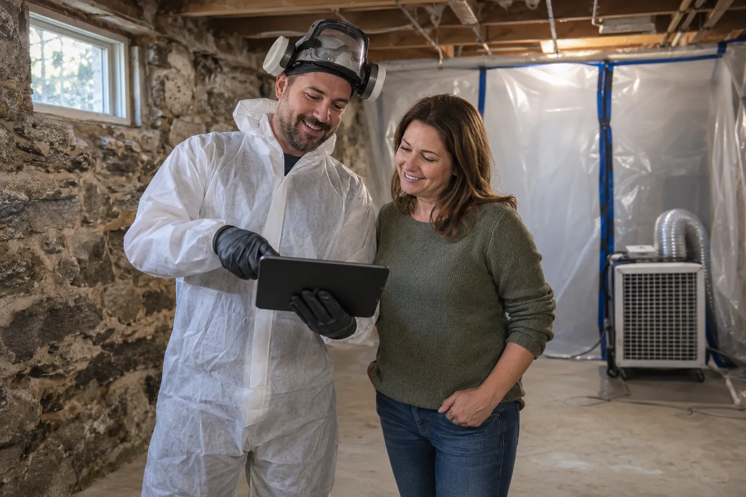 Friendly mold remediation provider reviewing a basement stone foundation with a homeowner in Middletown